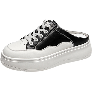 千百度厚底一脚蹬包头拖女新款休闲小白鞋增高外穿半拖鞋气质百搭