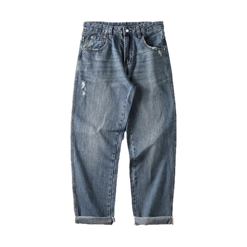 复古高级破洞直筒牛仔裤男士秋季新款潮牌阔腿裤宽松大码休闲裤子
