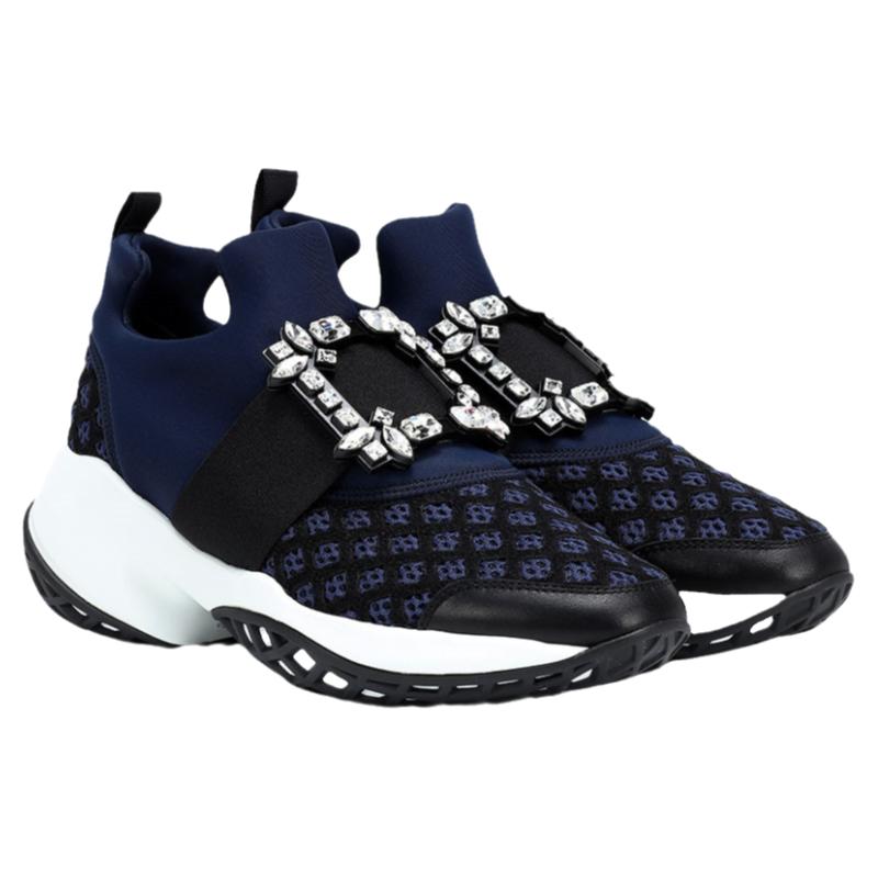 Roger Vivier/罗杰·维维亚女士蓝色弹力面料水晶搭扣街头运动鞋
