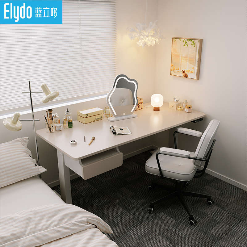 实木电动升降桌电脑桌书桌学习桌家用办公桌灰色皮纹可升降工作台