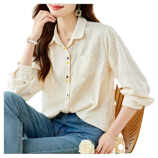 初影杏色绣花衬衫女长袖2026春装新款彩扣娃娃领上衣纯棉刺绣衬衣