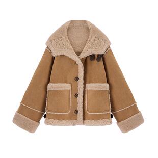 艾米同款 ablueberry 卡其色麂皮连帽外套女皮毛一体韩系复古上衣