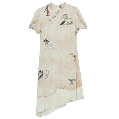 谜底旗袍裙女秋新品新中式主题印花修身连衣裙短袖243ML1071