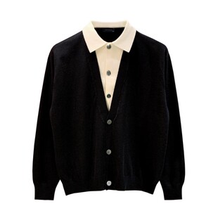 休闲拼接翻领上衣假两件毛衣外套男秋新款时尚男士高级感针织开衫