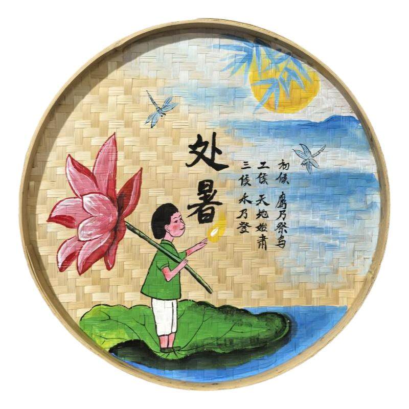 手绘24节气竹编簸箕画传统文化