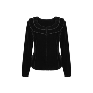 Bettychow 真丝丝绒木耳边黑色开衫法式时髦长袖优雅女士上衣