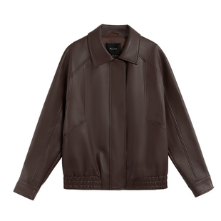Maven Lin 休闲复古pu皮短外套女咖色春秋新款宽松短款夹克皮衣