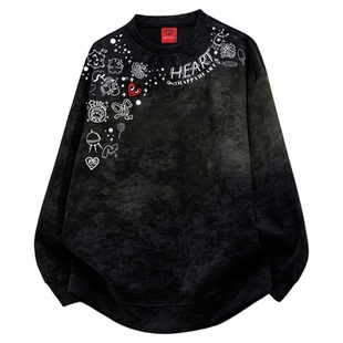 查尔斯桃心 美式扎染图案项链印花卫衣男圆领秋冬季新款百搭上衣