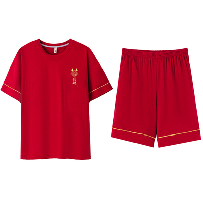 情侣睡衣夏季纯棉短袖短裤红色本命年结婚新婚男女全棉家居服套装