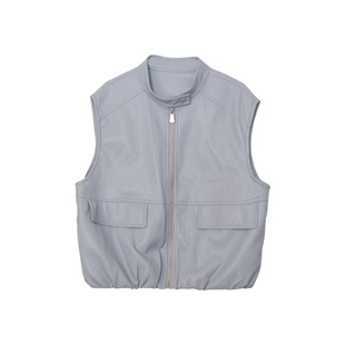 ENJOYME商场同款休闲风立领PU皮马甲女短款百搭无袖坎肩黑色外套