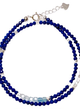 天然6A青金石海蓝宝小米珠珍珠925碎银双圈叠戴蓝色手链手串礼物