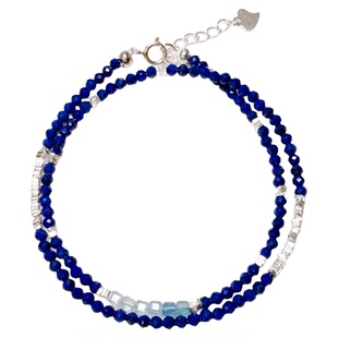 天然6A青金石海蓝宝小米珠珍珠925碎银双圈叠戴蓝色手链手串礼物