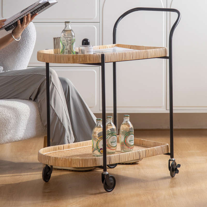 可移动藤编茶几多层小推车边几餐边柜置物架多功能带轮茶水餐车