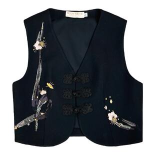 绵羊毛中国风手工盘扣刺绣花气质优雅百搭设计感黑色气质女士马甲