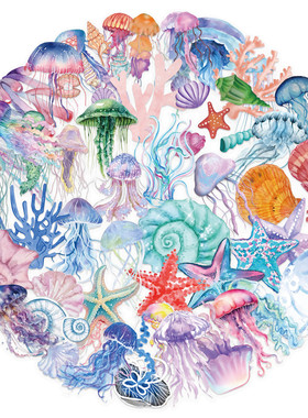 50张透明水母珊瑚海星装饰防水贴