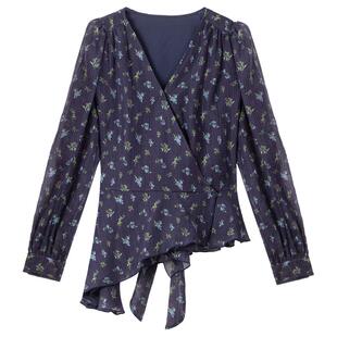 KEIKO 法式复古碎花V领衬衫秋季洋气高贵感不规则系带显瘦小上衣