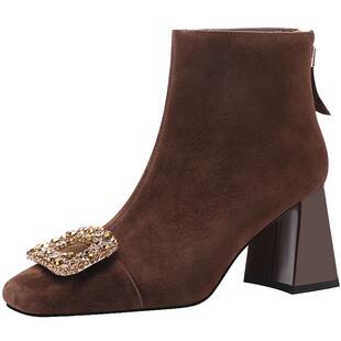 时尚水钻方扣粗跟短靴女2025秋冬季新款棕色真皮加绒方头高跟靴子