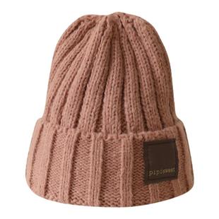 冬季保暖护耳针织帽女生时尚贴布锥顶套头帽子百搭卡杏色毛线帽男