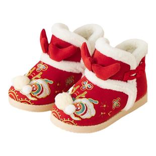 女童汉服鞋冬儿童古风绣花鞋加绒加厚老北京布鞋宝宝古装保暖棉靴
