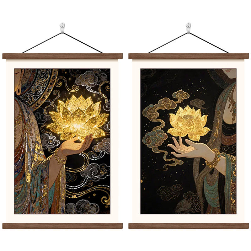 佛手莲花禅意挂画玄关走廊卷轴画