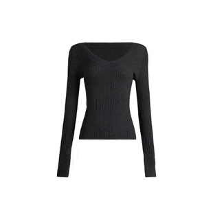 ABMY 深V领袖口开叉长袖羊毛针织衫女秋冬修身显瘦百搭打底上衣