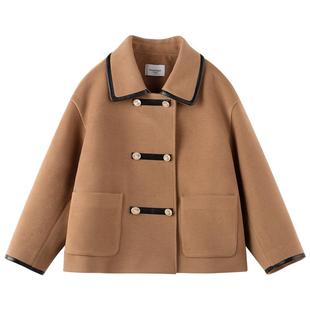 女童冬日棕调复古毛呢外套中大童加厚外套英伦风拼接皮料毛呢大衣