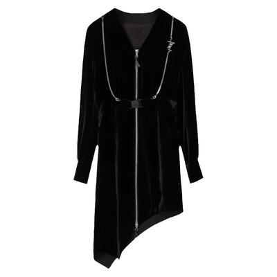 H·GENTEEL荷高春时髦装饰链条V字领丝绒连衣裙GCD12750512