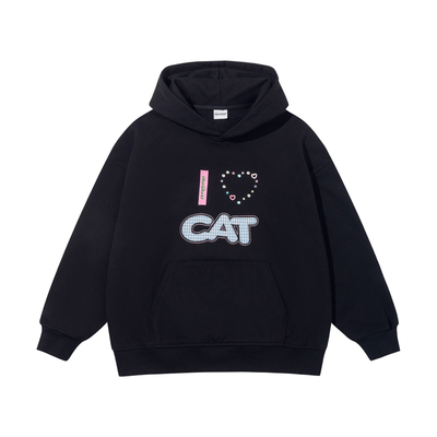 iSaluteU 烫钻爱心猫耳朵连帽卫衣蓝白格CAT贴布绣帽衫外套男女款