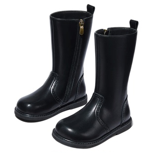 斯纳菲女童靴子儿童长筒靴2025秋冬新款黑色真皮小公主皮靴中大童