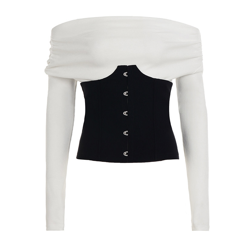 IAEY美式复古拼色一字肩蝴蝶扣束腰长袖T恤纯欲气质性感露肩上衣