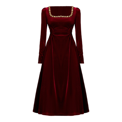 DPLAY2025年冬季新款红色丝绒连衣裙女闪钻设计优雅小礼服裙子