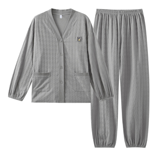 春秋季长袖睡衣套装提花自带胸垫一体女家居服夏冬天大码开衫休闲