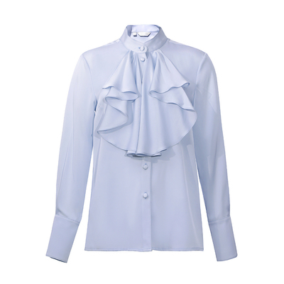 优雅桑蚕丝立领荷叶领长袖衬衫