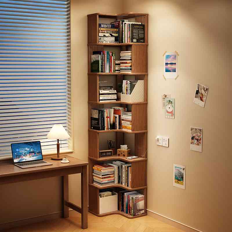 胡桃木全实木书架落地拐角置物架靠墙客厅多层收纳简易转角书柜