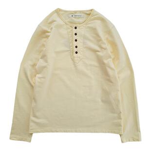 西里布纯棉亨利领长袖T恤衫米黄色套头阿美咔叽日系男士复古小众