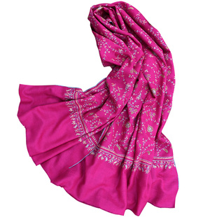 克什米尔手纺纱织布藤蔓微针刺绣pashmina羊绒保暖围巾披肩枚红色