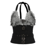 怪诞女孩 斯拉夫美学设计感拼接毛毛吊带背心腰带毛绒短裤两件套