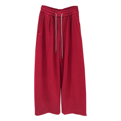 红色抽绳弯刀卫裤女香蕉阔腿裤