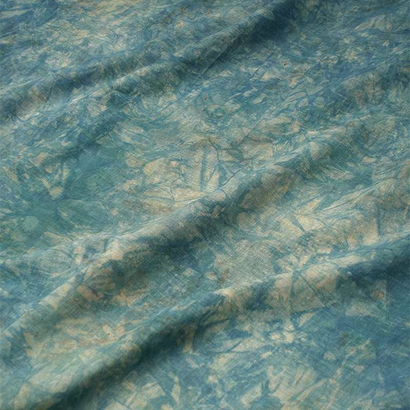 苔青|二三米草木蓝染扎染棉麻布料 植物热转印脏染废土风家居面料