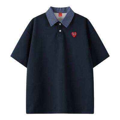 查尔斯桃心 格纹领美式撞色短袖Polo衫男夏季宽松翻领潮牌通勤