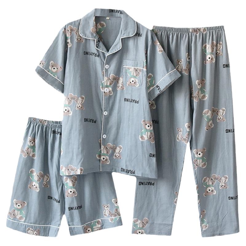 男士棉纱睡衣三件套夏季纱布全棉短袖长裤短裤夏天家居服套装薄款