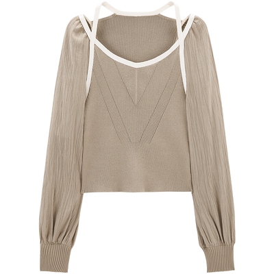 太平鸟女装秋季撞色拼接织纹细密绵弹V领上衣衬衫女A1CDE3243