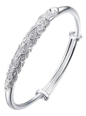 银手镯女9999纯银孔雀实心足银