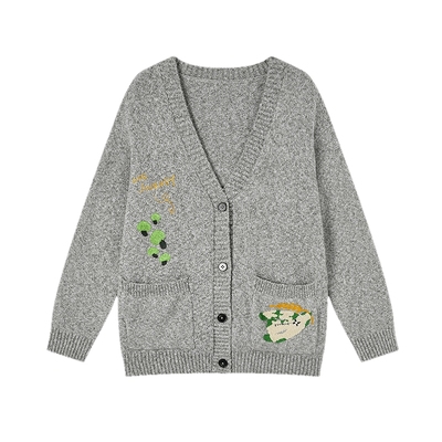 飞鸟和新酒宽松灰色针织衫外穿外套女2025秋新款休闲百搭毛织开衫