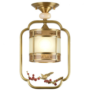 新中式全铜餐厅小吊灯单头玄关卧室床头柜走廊门厅过道半吸顶灯具