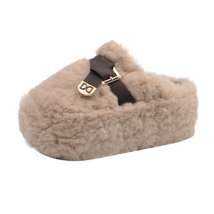 厚底内增高7CM小个子小码34包头毛毛拖鞋女外穿2025秋冬季棉拖鞋