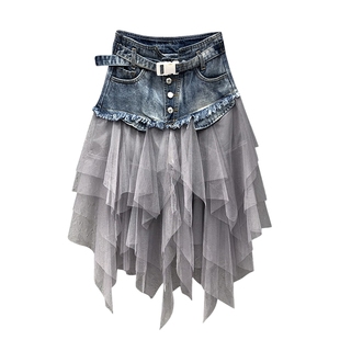 2026春季新款韩版网纱拼接高腰A字牛仔半身裙不规则超火中长裙子