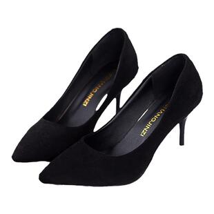 舒适不累脚百搭职业小皮鞋5cm绒面3黑色上班族高跟鞋子女细跟单鞋