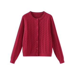 班尼路红色针织开衫春季新款上衣贺岁新年战袍本命年毛衣外套女Q