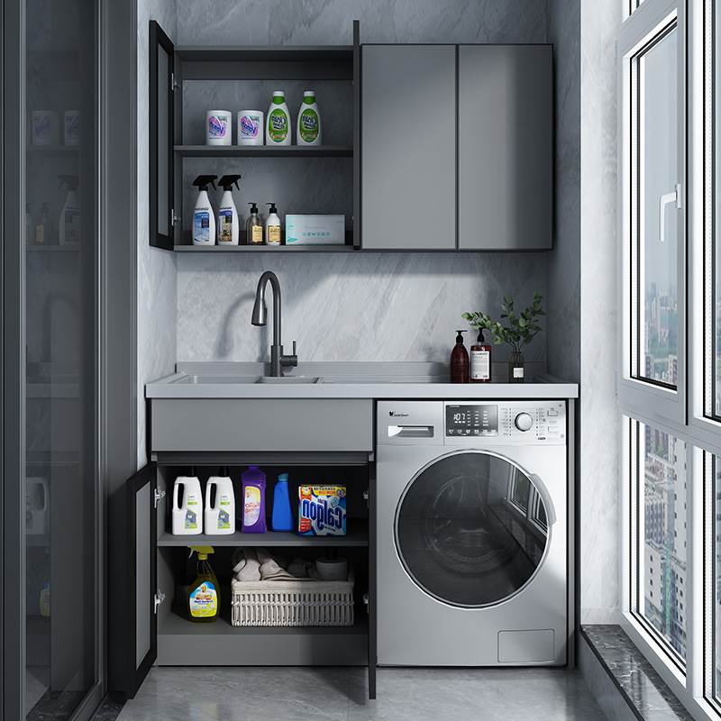 J6DA太空铝阳台洗衣机柜组合滚筒洗衣槽池台带搓板一体洗衣柜伴侣